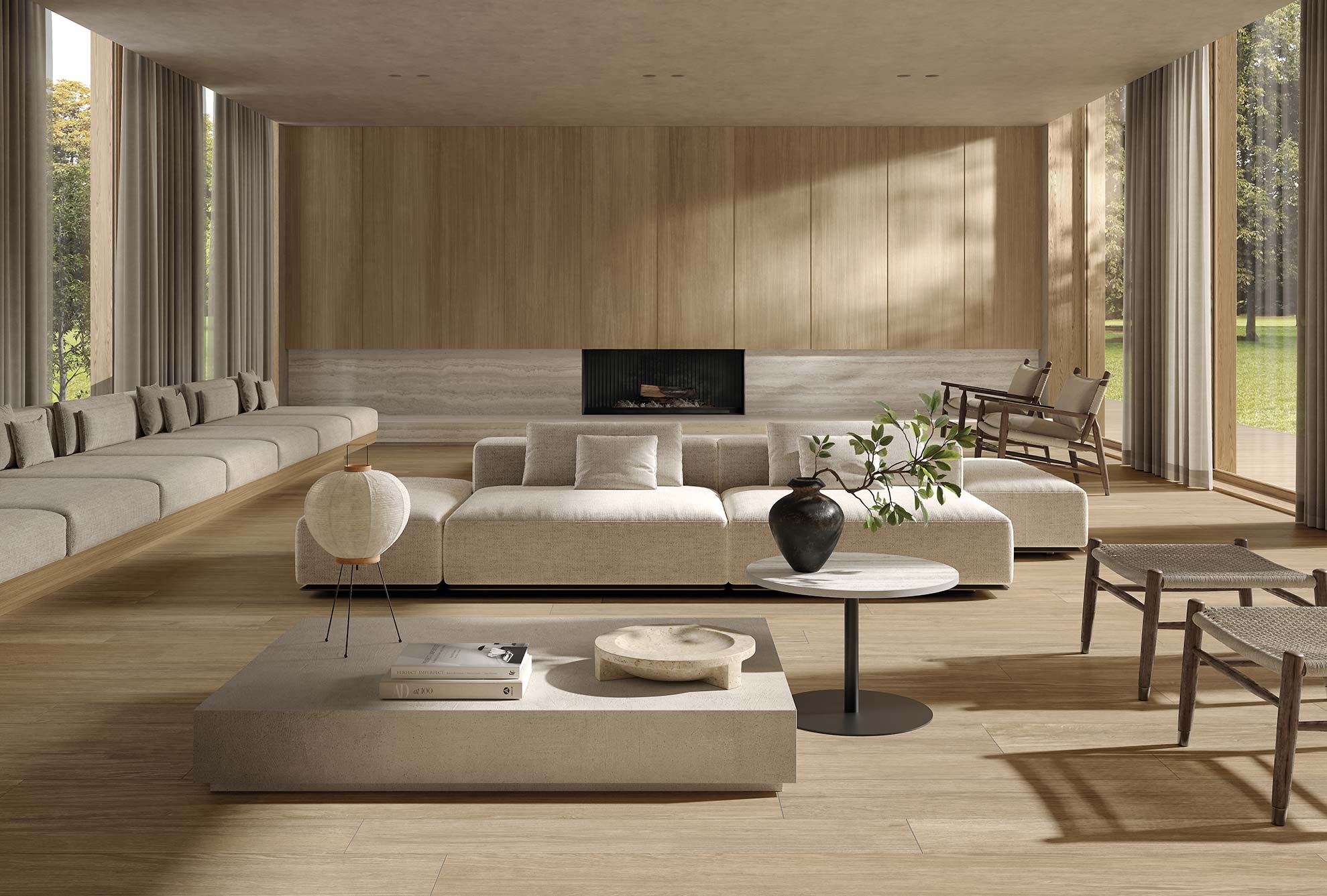 Sala ampla com móveis de linhas simples, madeira natural e luz suave